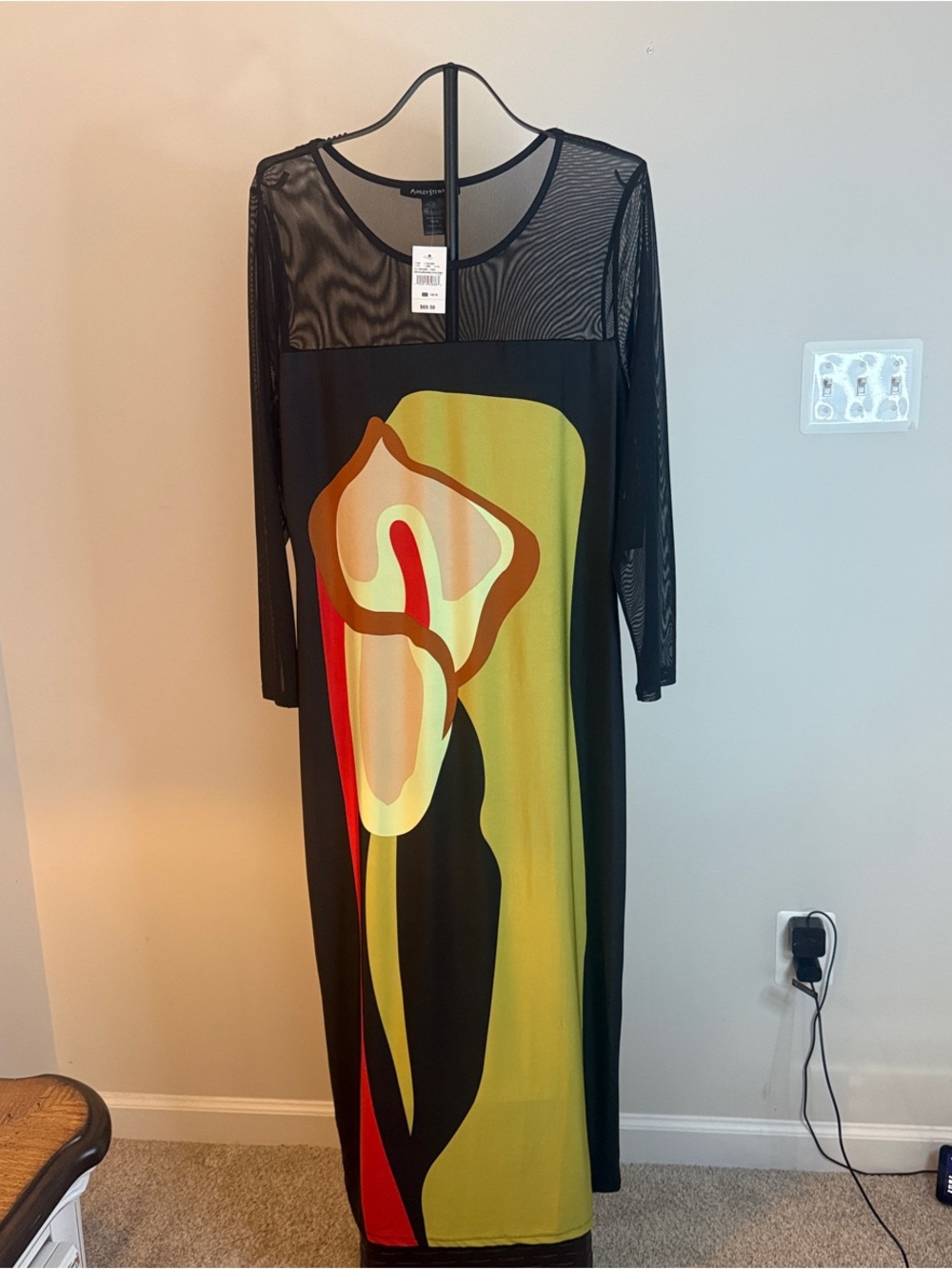Ashley Stewart Black Long-Sleeve Dress with Abstract Yellow Graphic